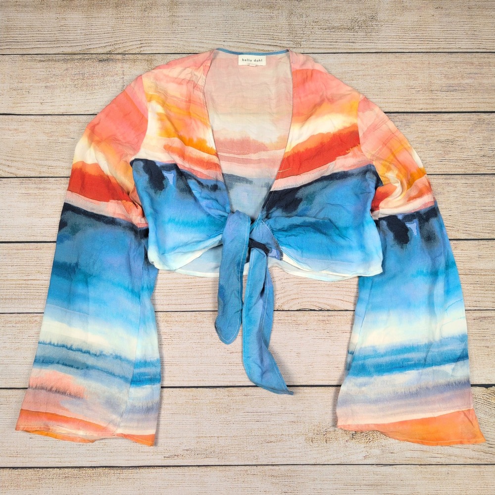 Bella Dahl Tie Front Top Bell Sleeve M| mountain watercolor festival boho